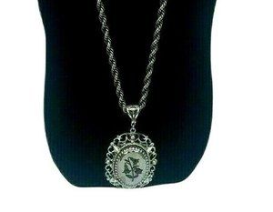 VTG  Whiting and Davis Silver Tone Link Necklace Large Pendent w/ Tulip Cutouts